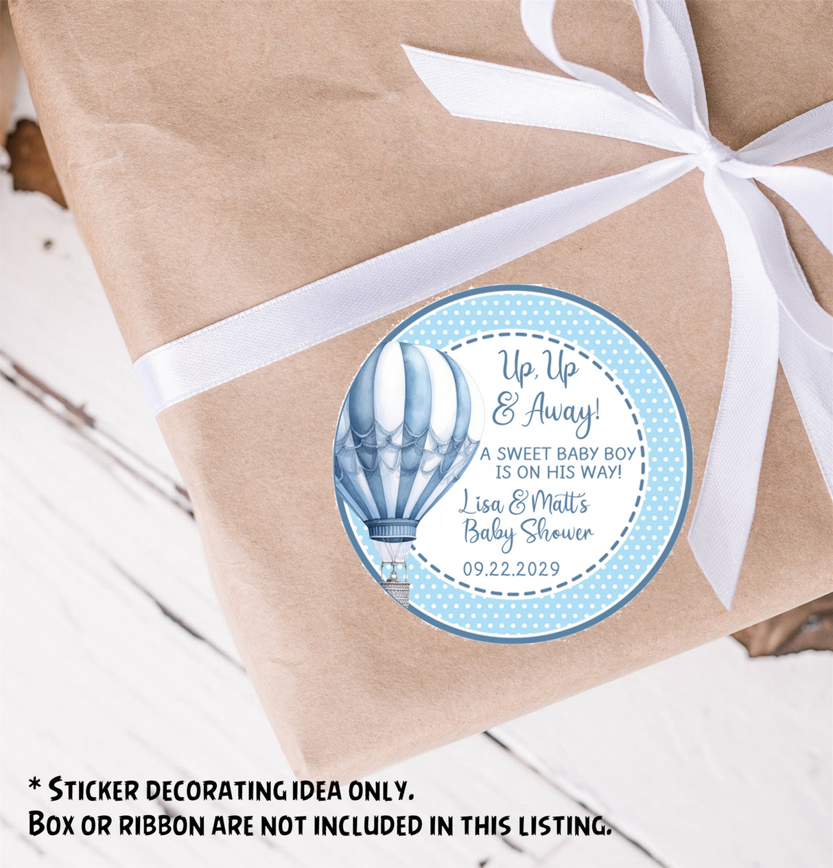 Up, Up & Away boy baby shower stickers with polka dots