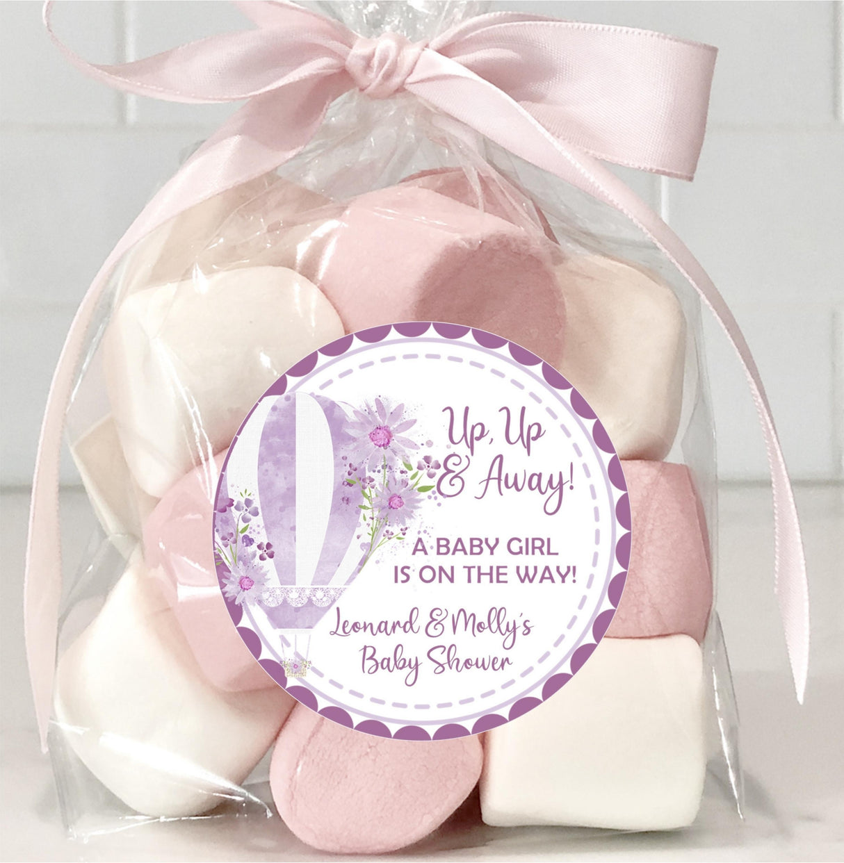 Up, Up & Away purple baby shower labels