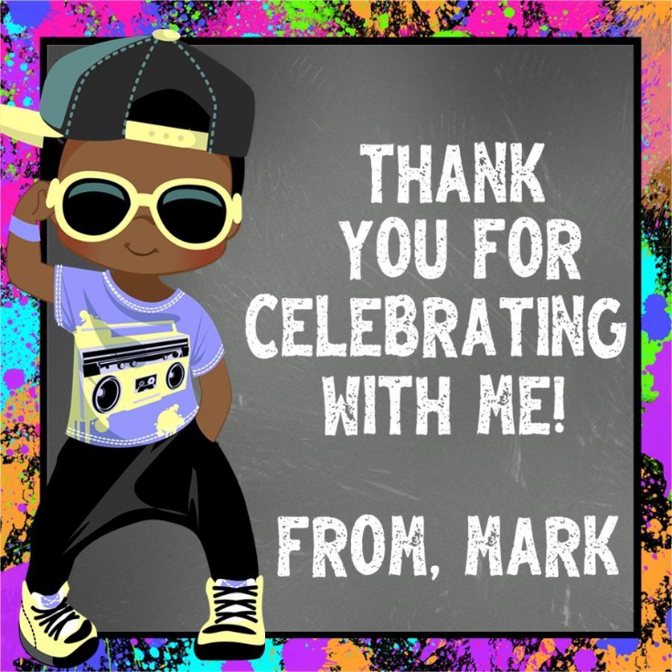 Urban graffiti birthday sticker with boy character and street style outfit