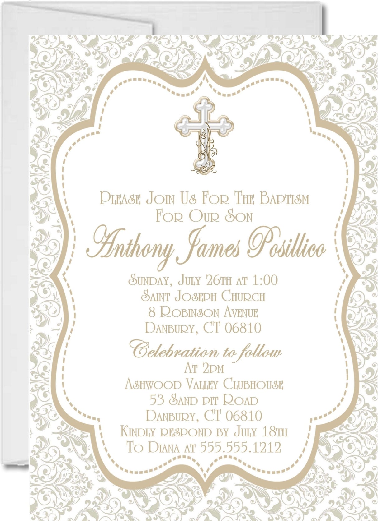 Vertical baptism invitation with traditional gold religious border