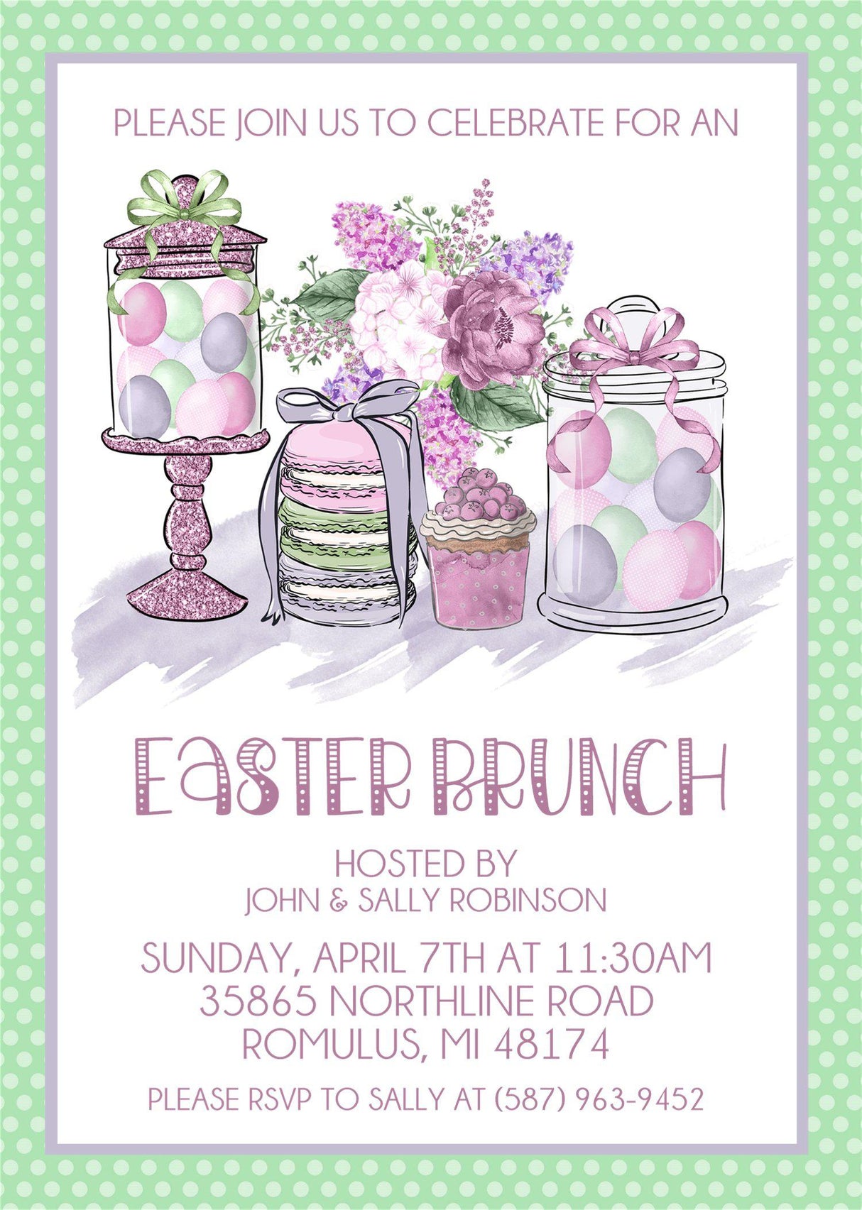 Watercolor Easter invitation with macarons cupcakes and florals
