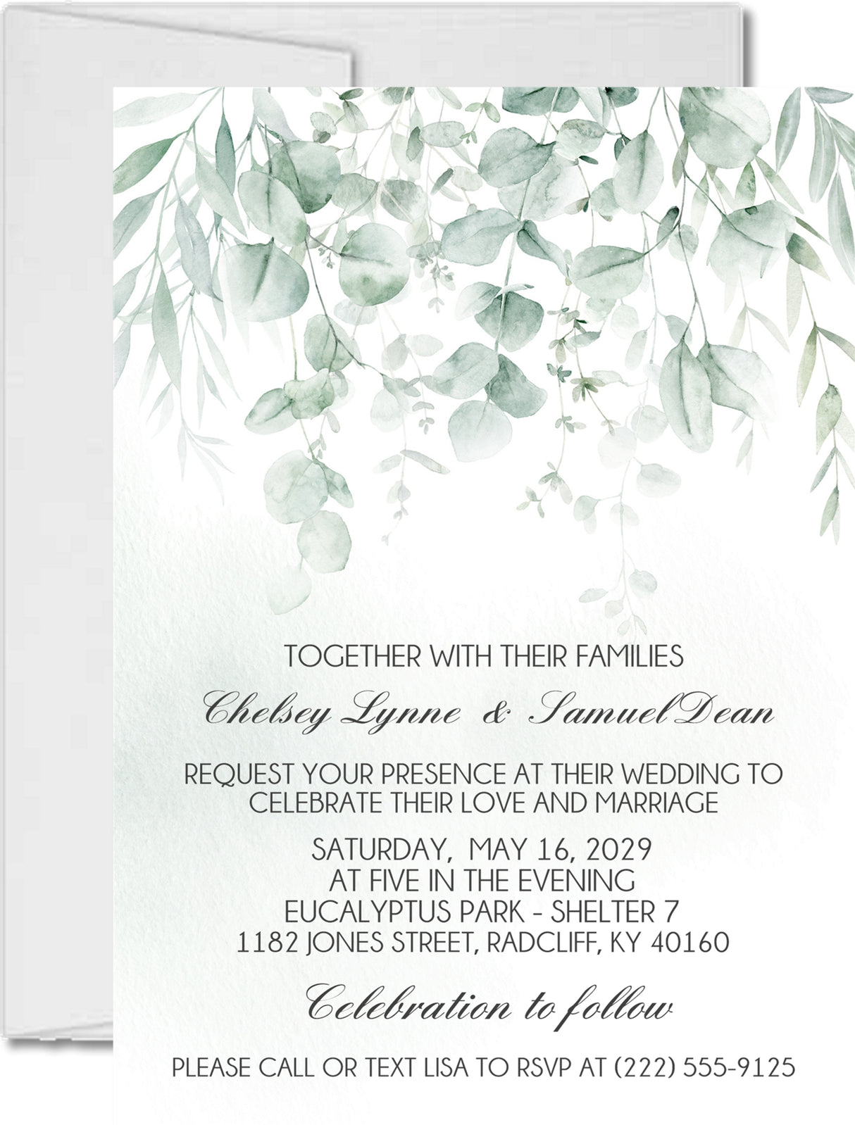 Watercolor eucalyptus wedding invitation featuring soft sage green leaves and elegant personalized wording.