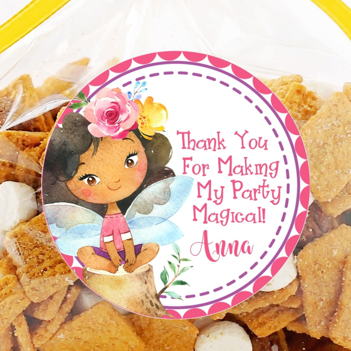 Watercolor fairy birthday sticker with pink wings and floral crown