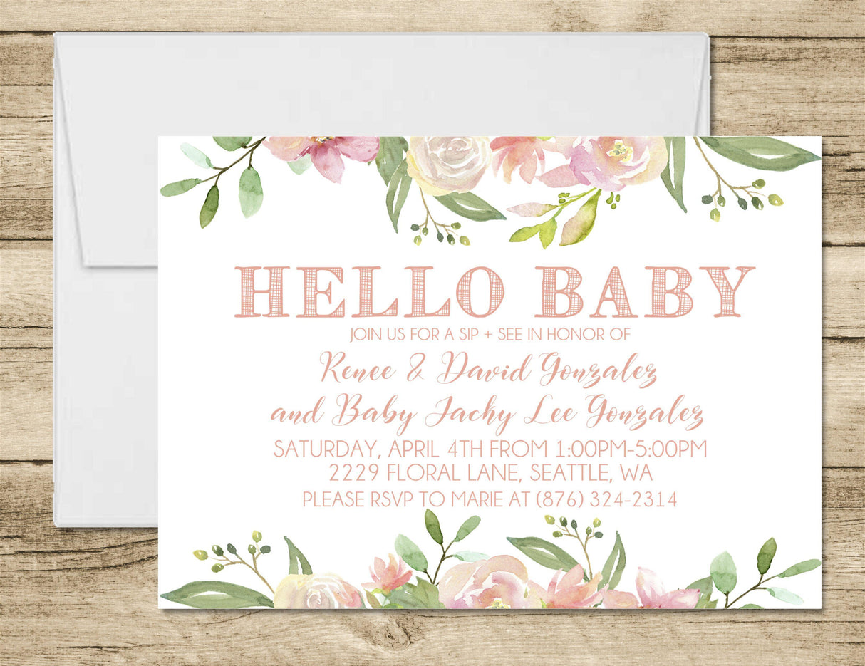 Watercolor peach floral Hello Baby sip and see invitation