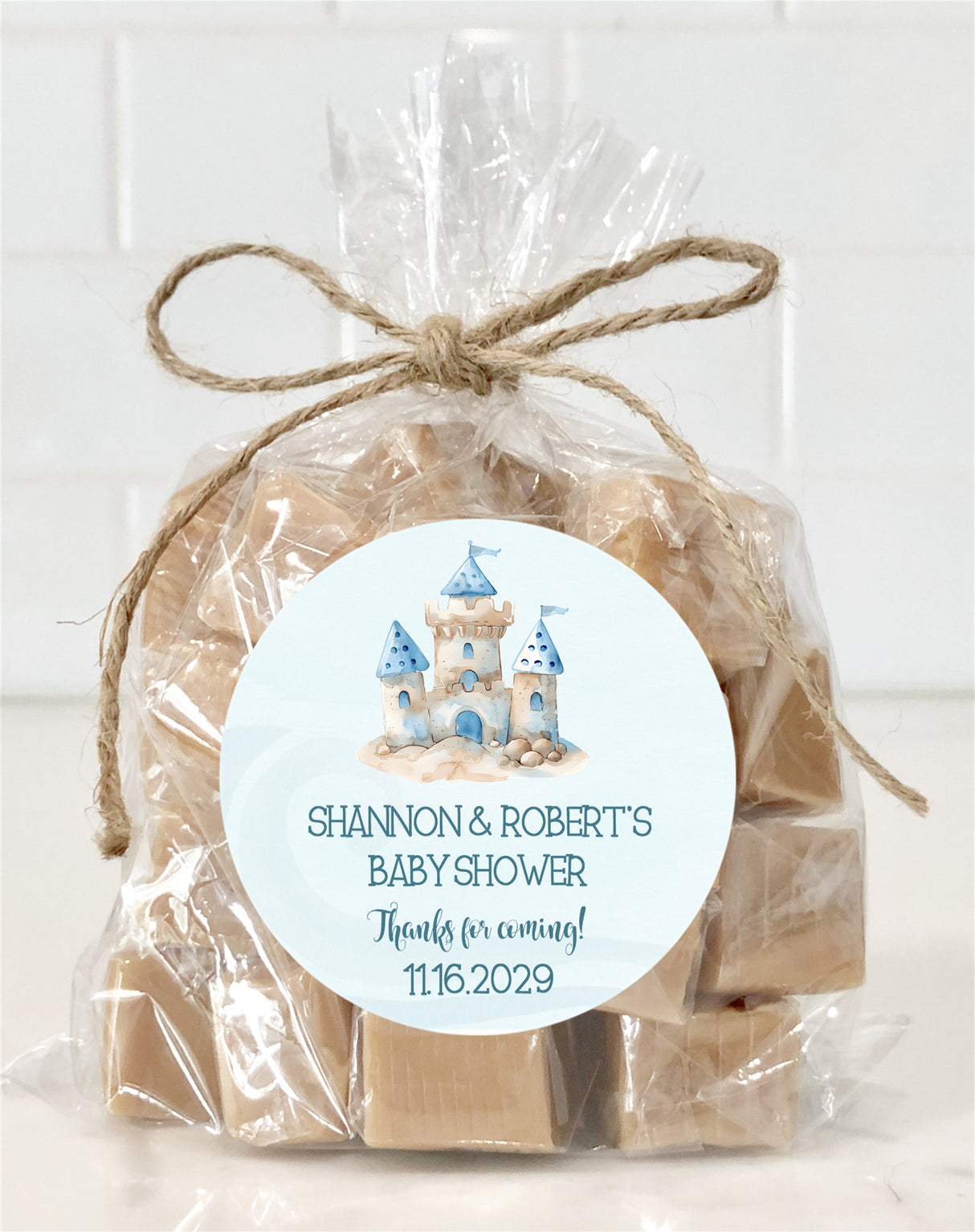 Watercolor sandcastle baby shower sticker