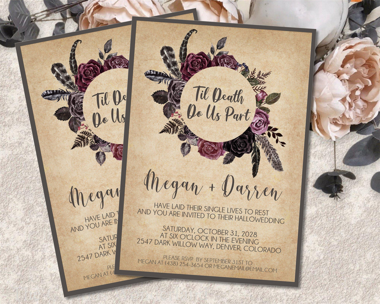 Wedding invitation available in two coordinating burgundy floral parchment designs