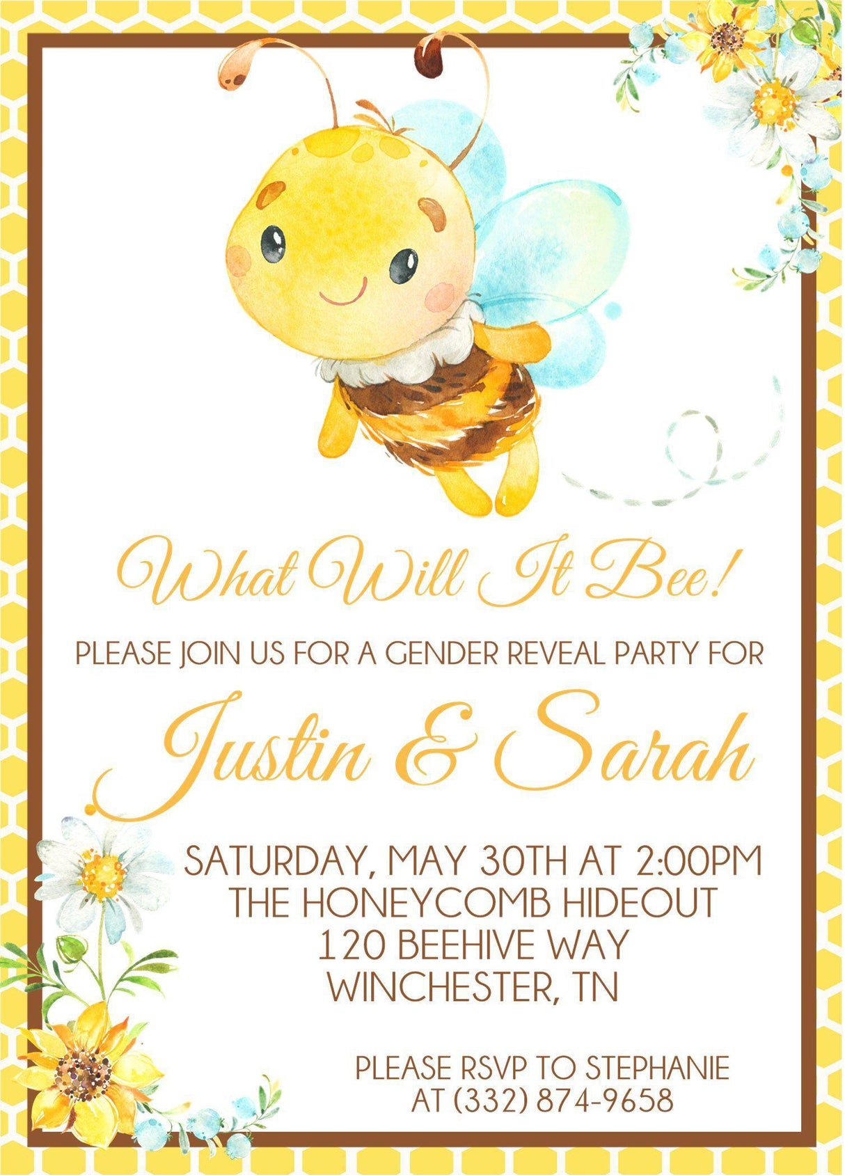 What will it bee gender reveal invitation with watercolor bee