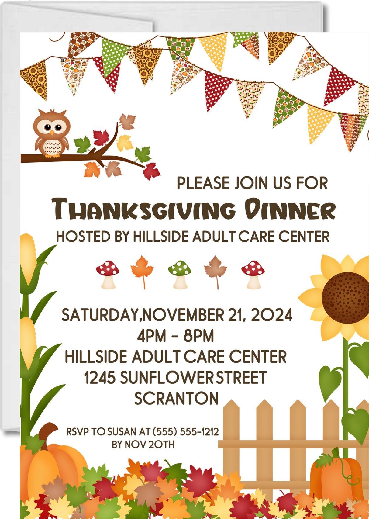 Whimsical owl Thanksgiving dinner invitation with fall bunting