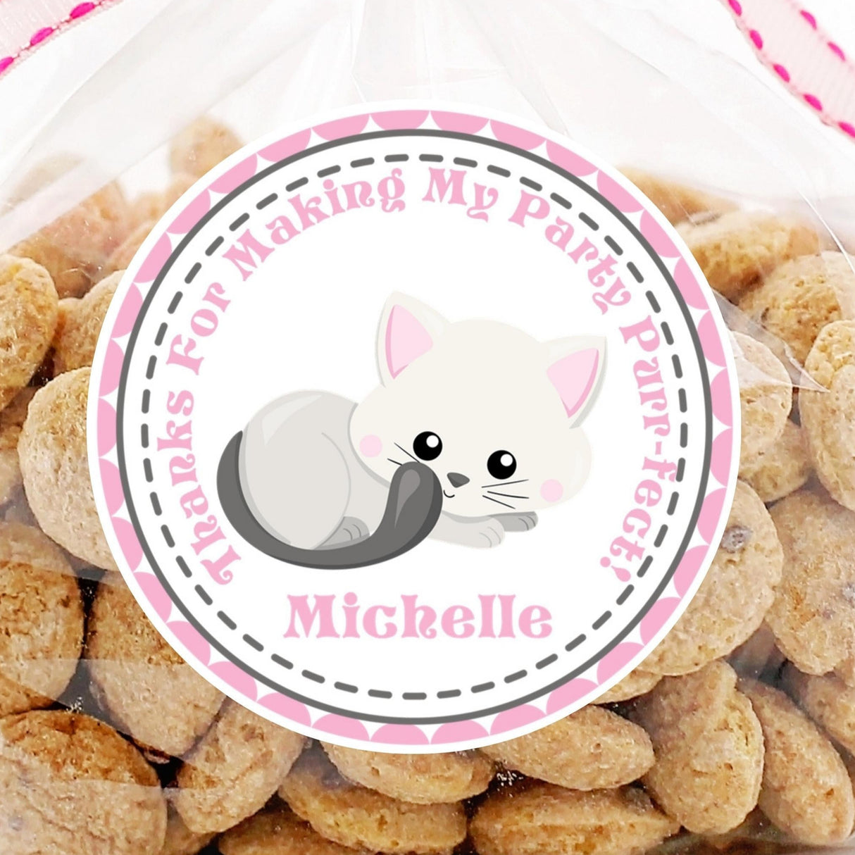 White and gray kitten birthday sticker with pink dotted border