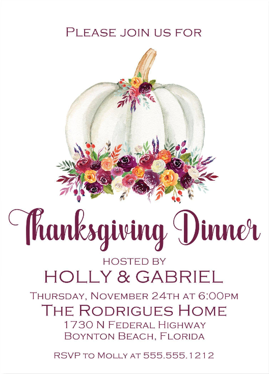 White background Thanksgiving dinner invitation with burgundy floral pumpkin
