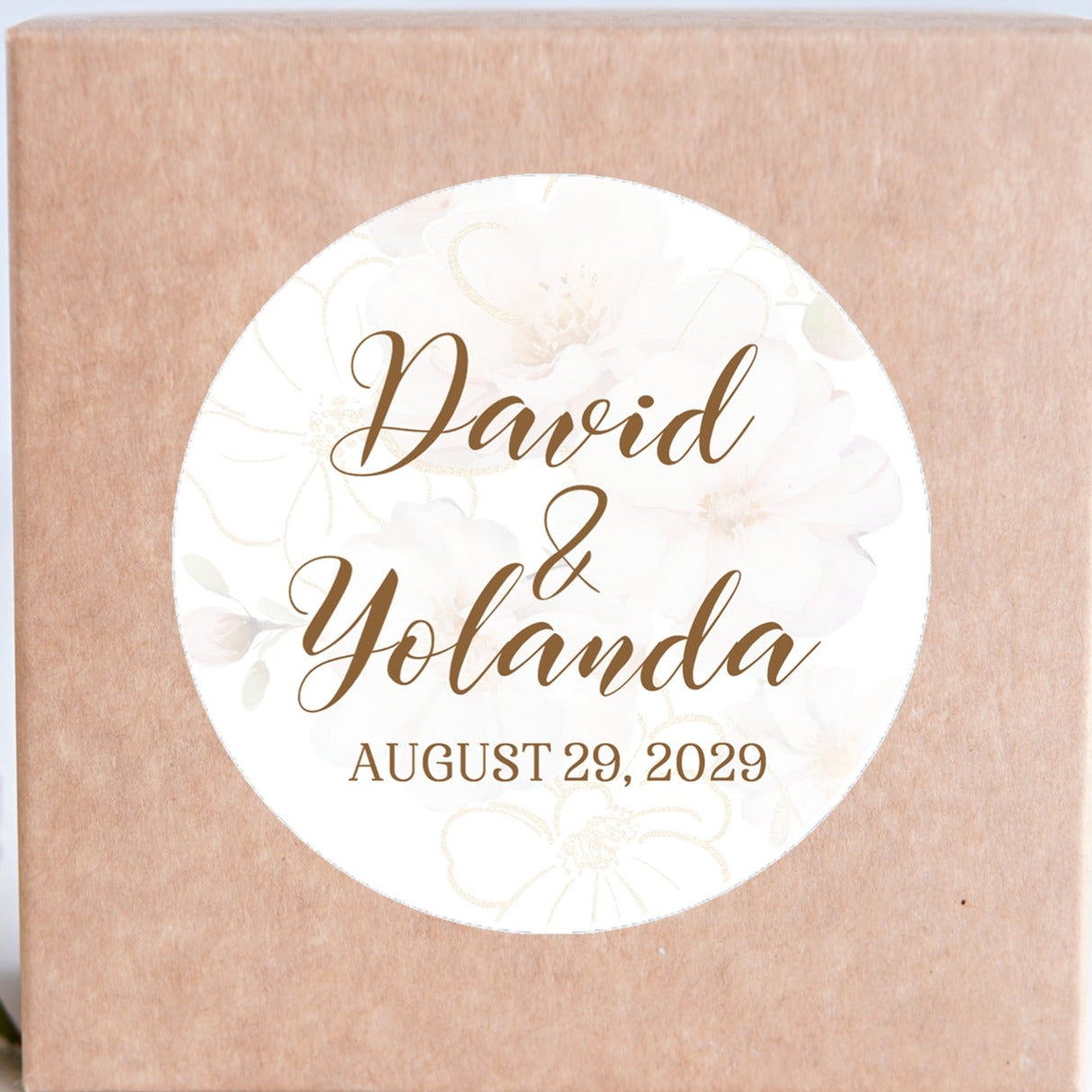 White floral wedding sticker with delicate botanical accents