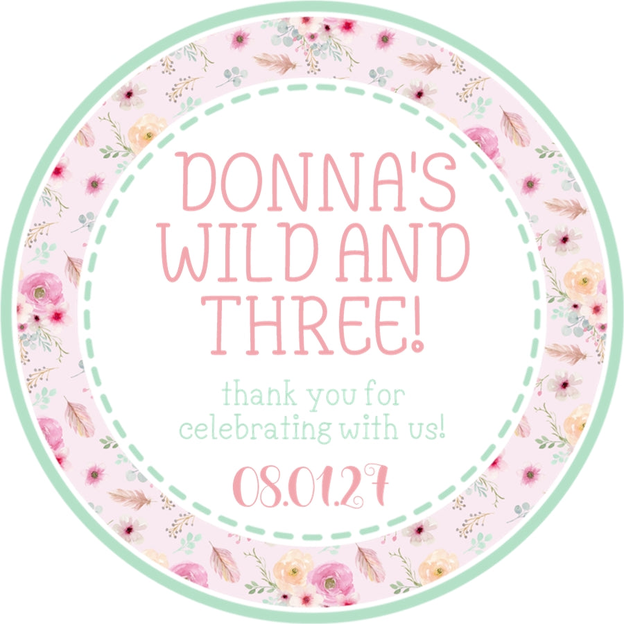 Wild and three birthday sticker boho floral wreath