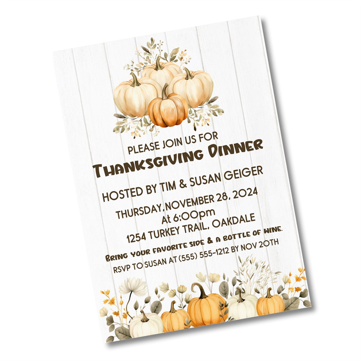 Woodgrain autumn Thanksgiving party invitation with pumpkins