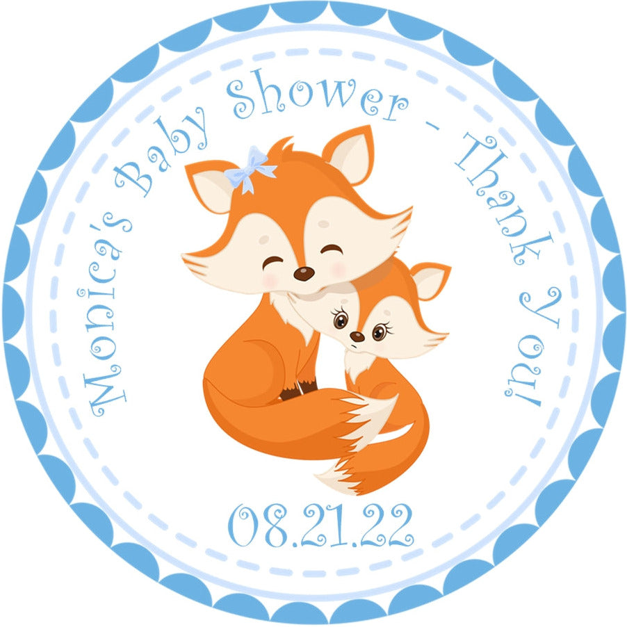 Woodland fox baby shower sticker with blue border and mommy baby fox