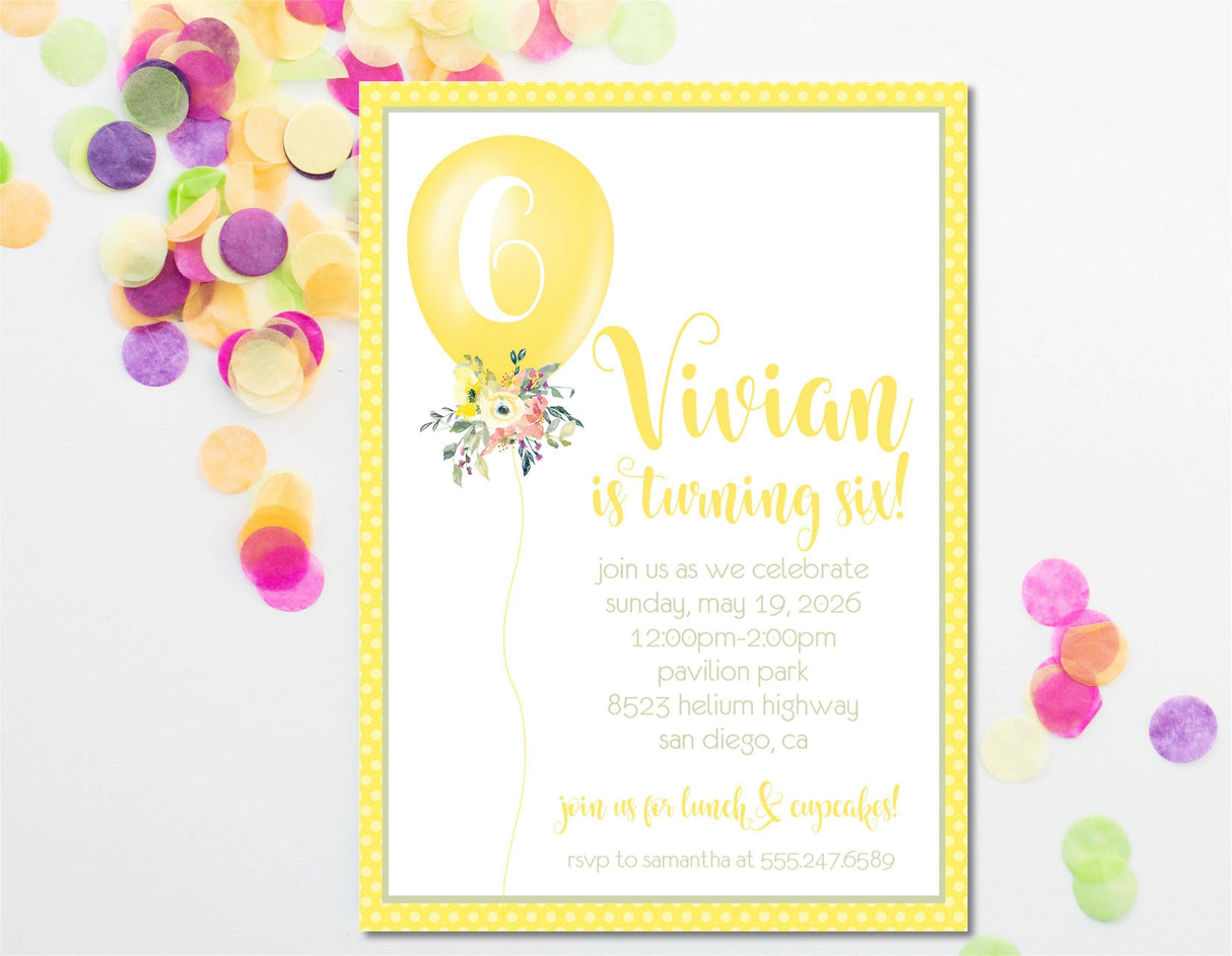 Yellow Balloon Birthday Party Invitations