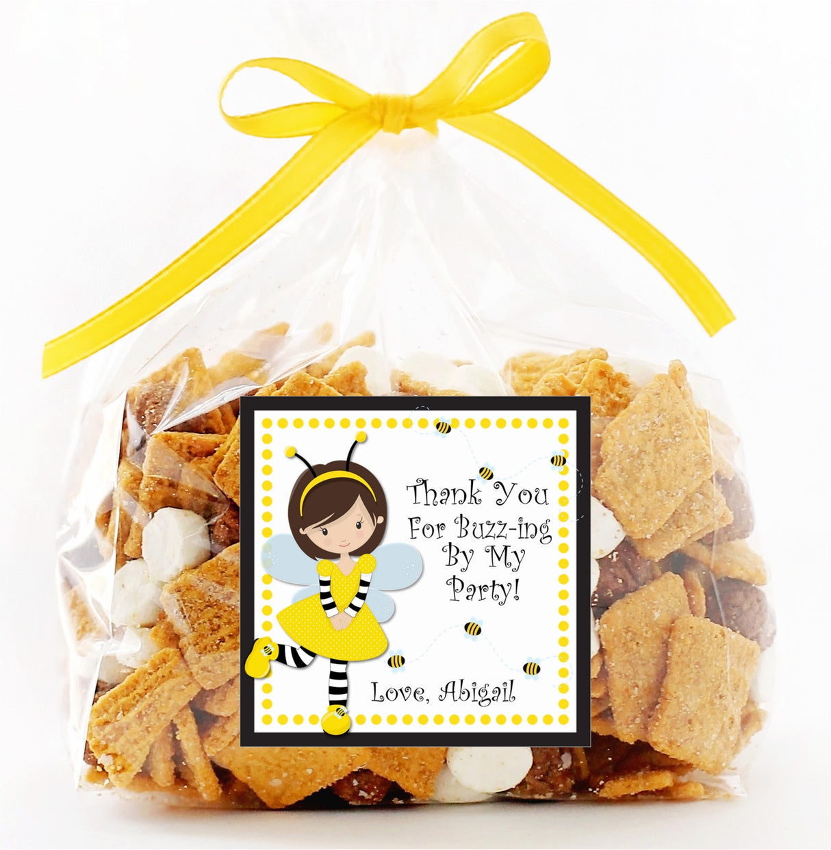 Yellow and black bee birthday label featuring illustrated bee girl