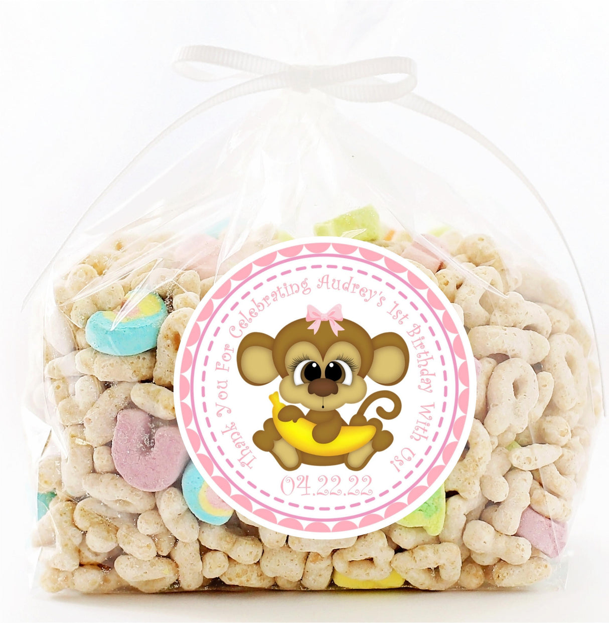 Yellow banana pink girl birthday favor sticker