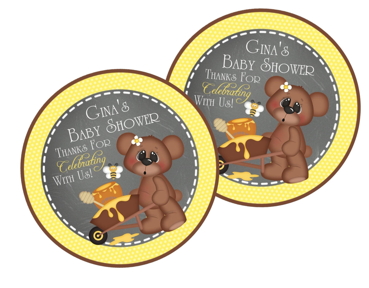 Yellow chalkboard bear baby shower label