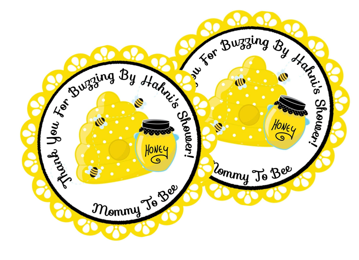 Yellow honeycomb bee baby shower label