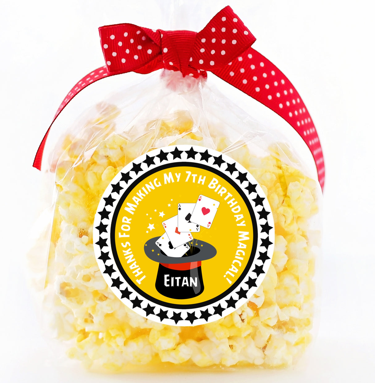 Yellow magic birthday party sticker with star border