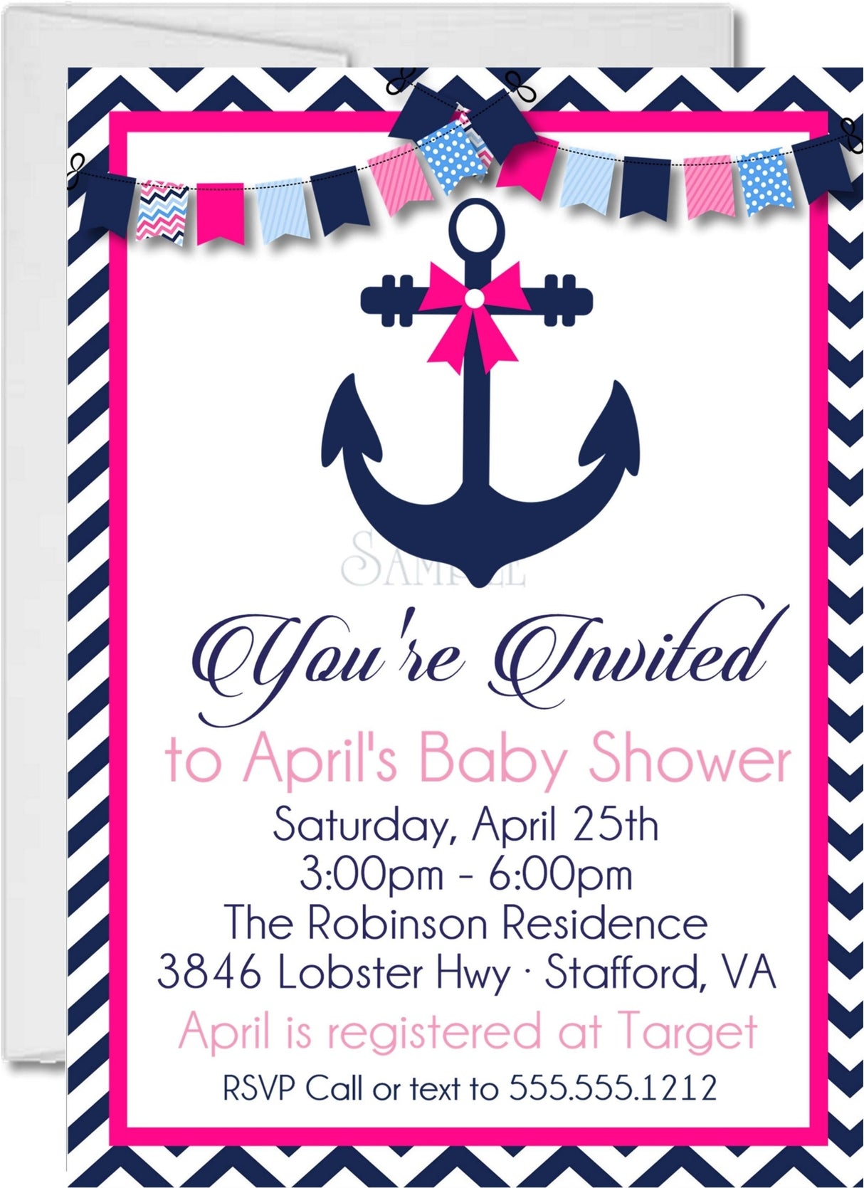 anchor invitation cards pink navy coastal style