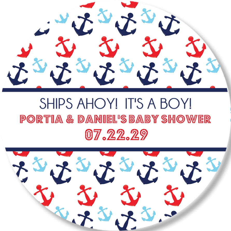 anchor pattern baby shower sticker with red blue and navy anchors and ships ahoy text
