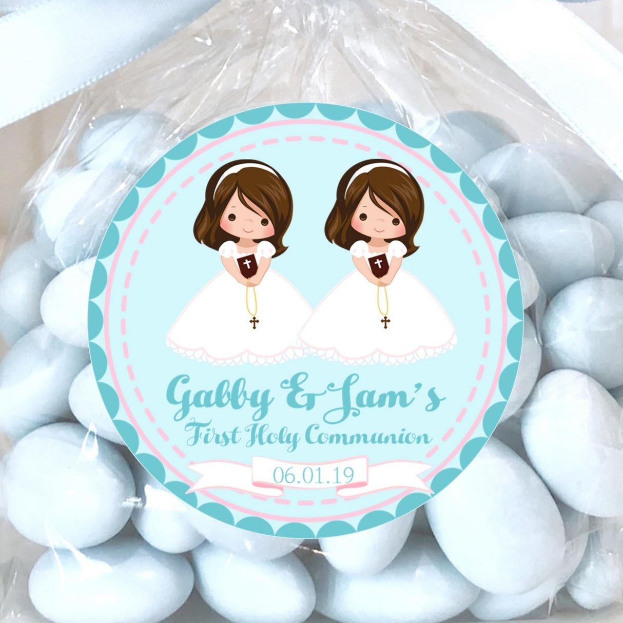 aqua twin girls communion sticker