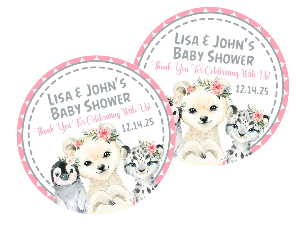 arctic animals baby shower sticker with pink floral accents