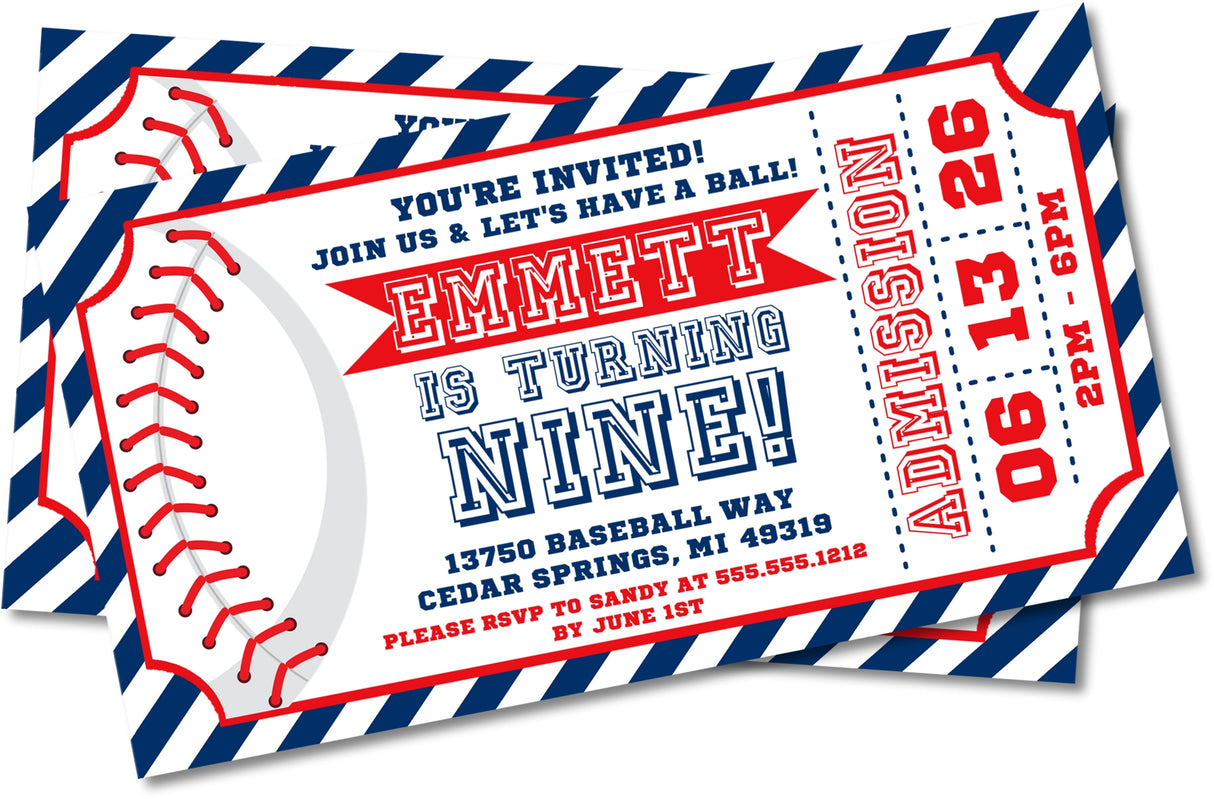 baseball birthday party invitations red blue ticket design