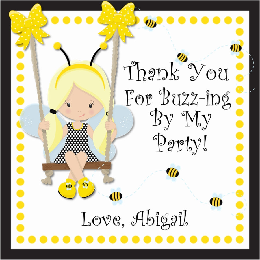 bee birthday favor sticker with cute character and bee accents