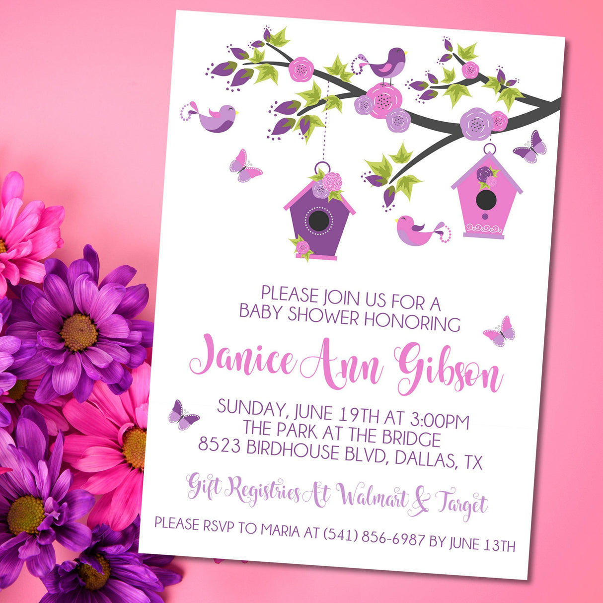 birdhouse baby shower invitations purple floral design