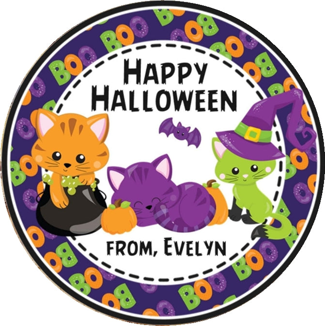 black halloween kitten sticker with pumpkin and bat wings
