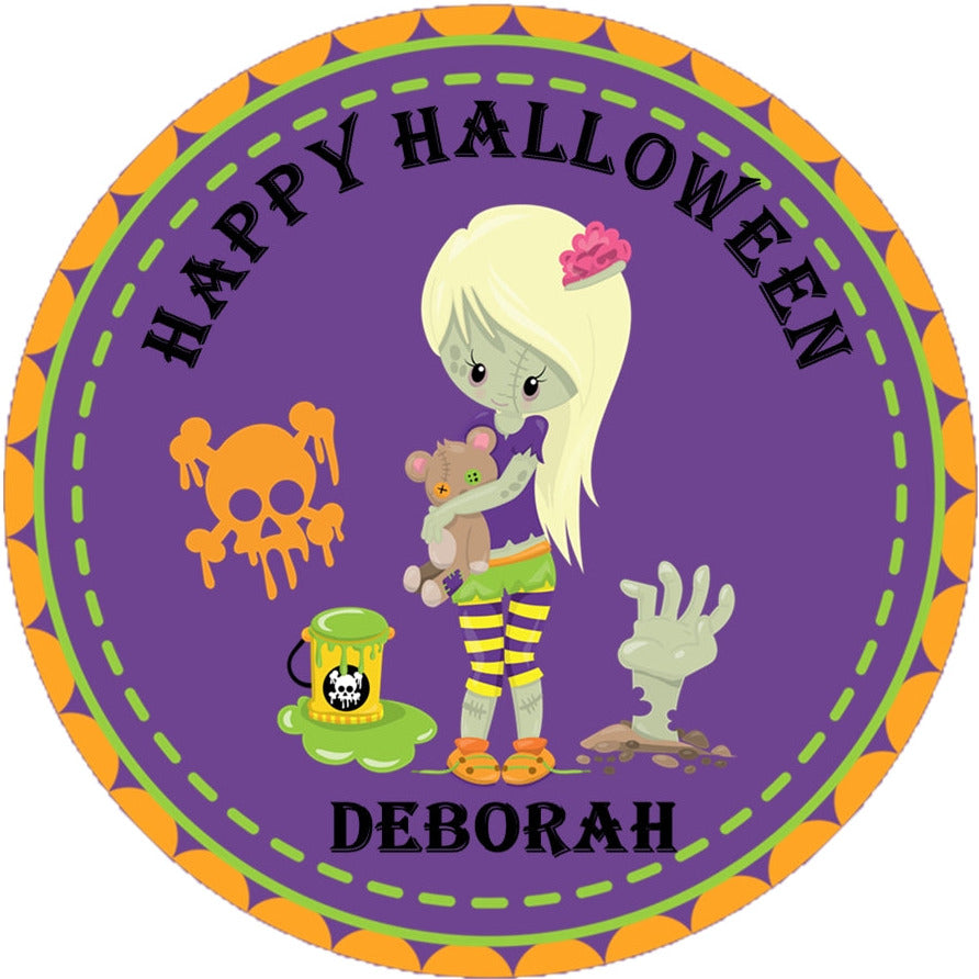 blonde zombie girl halloween sticker kids party favor label