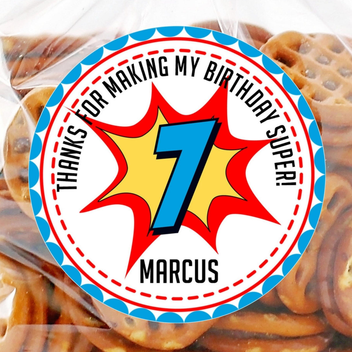 blue border superhero birthday sticker with comic burst