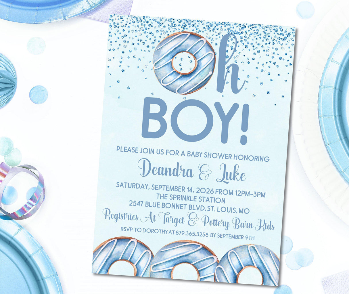 blue boys sprinkle donut baby shower invitation cards dessert style