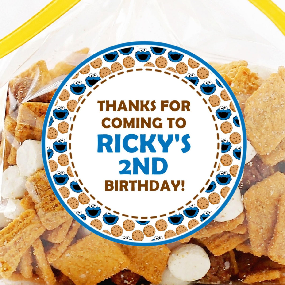 blue cookie monster style birthday sticker with cookie pattern