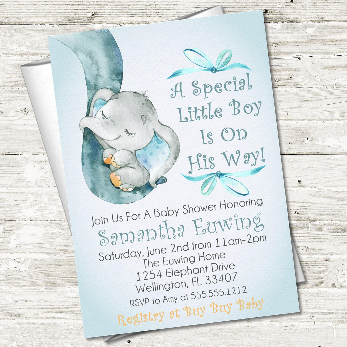 blue elephant baby shower invitation cards pastel