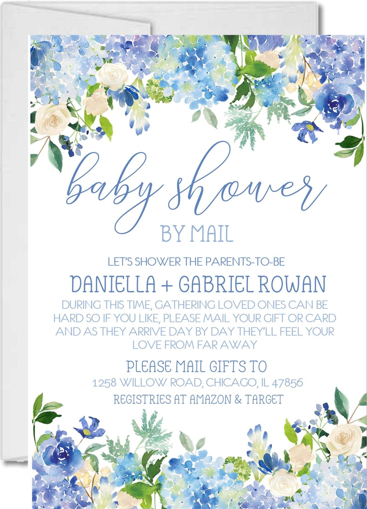 blue floral baby shower by mail invitations watercolor flower design