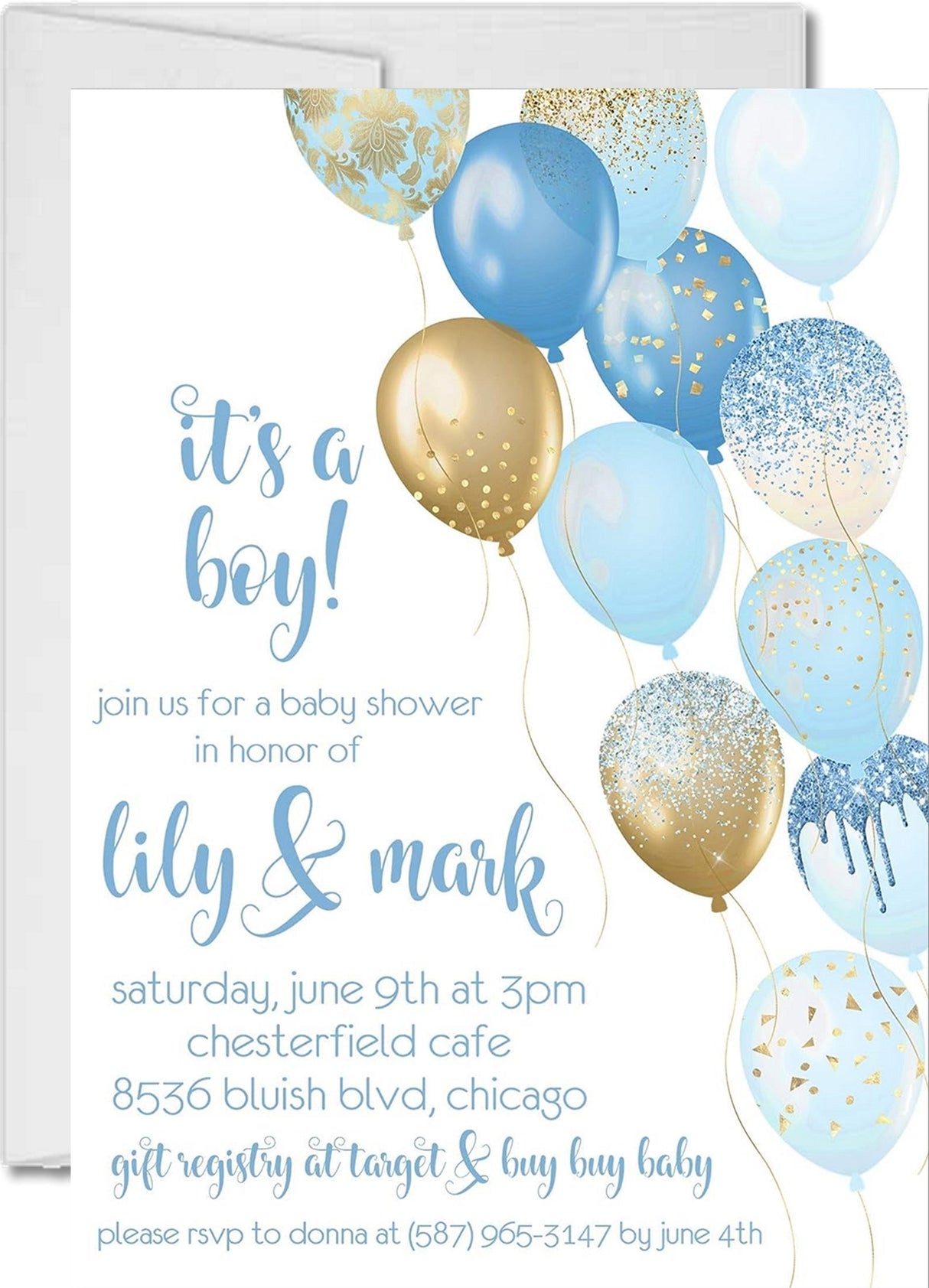 blue gold balloon baby shower invitations modern celebration theme
