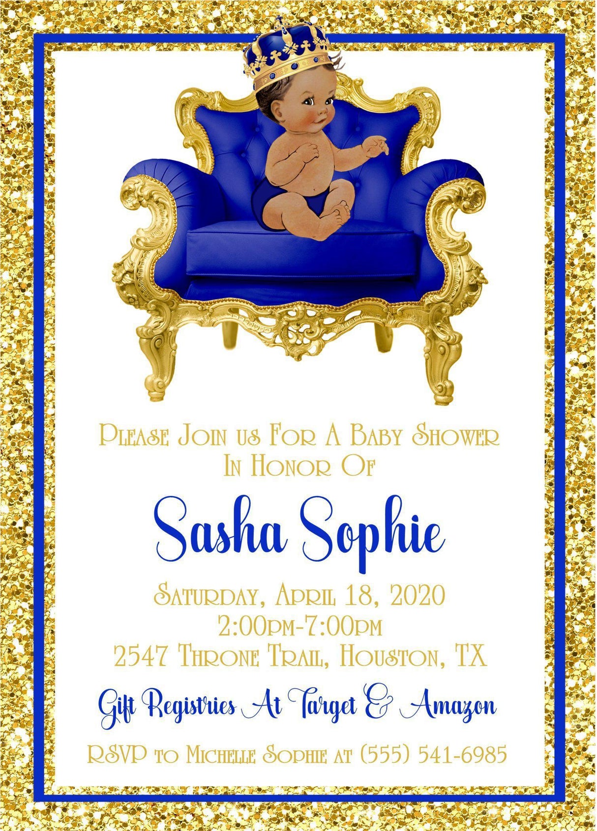 blue gold crown invitation cards regal baby prince style