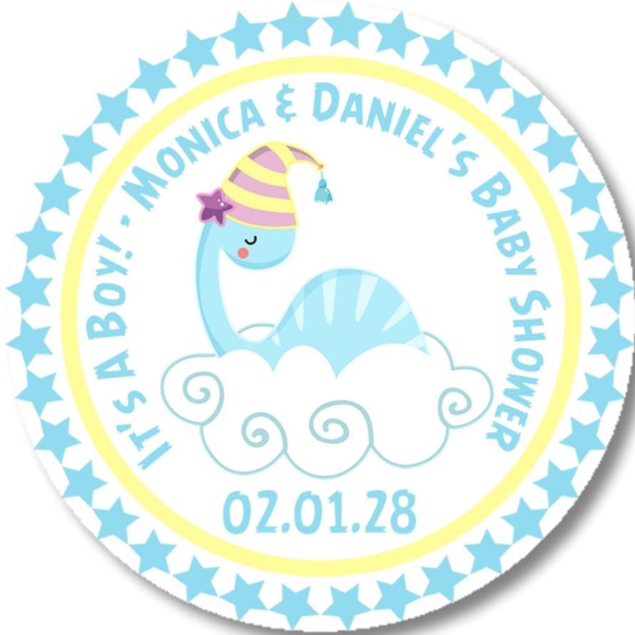 blue it’s a boy dinosaur theme favor label