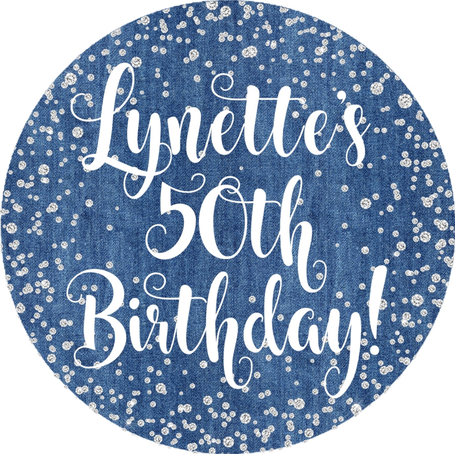 blue jean party sticker with glitter effect and elegant typography