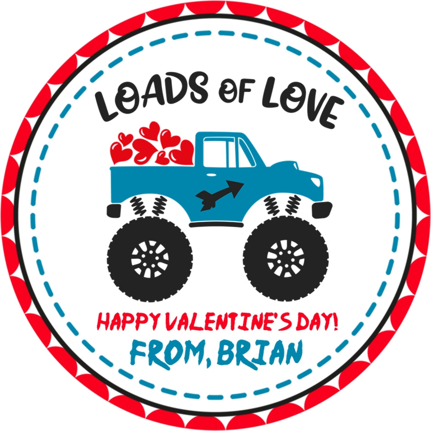 blue monster truck valentine stickers with hearts