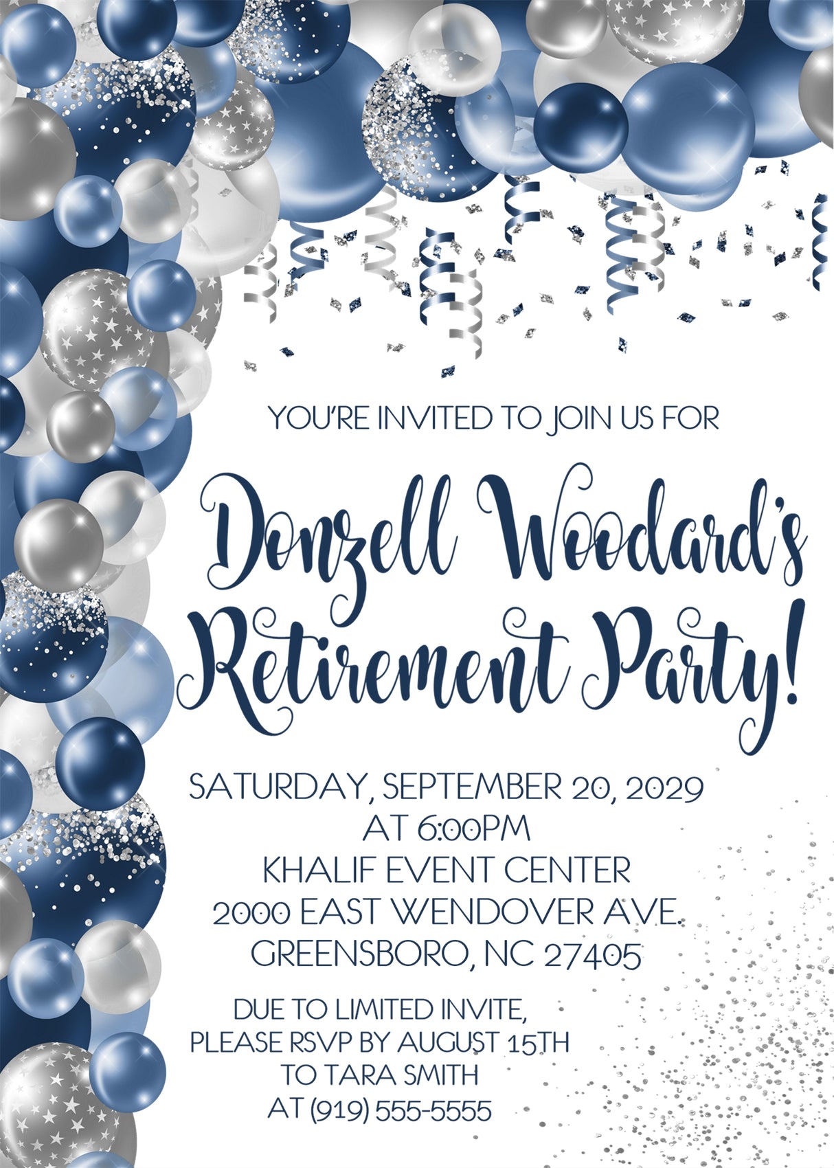 blue retirement invitations elegant celebration theme