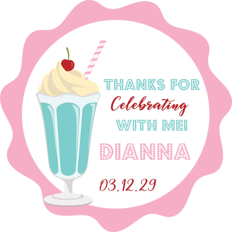 blue retro milkshake party sticker with soda shop theme