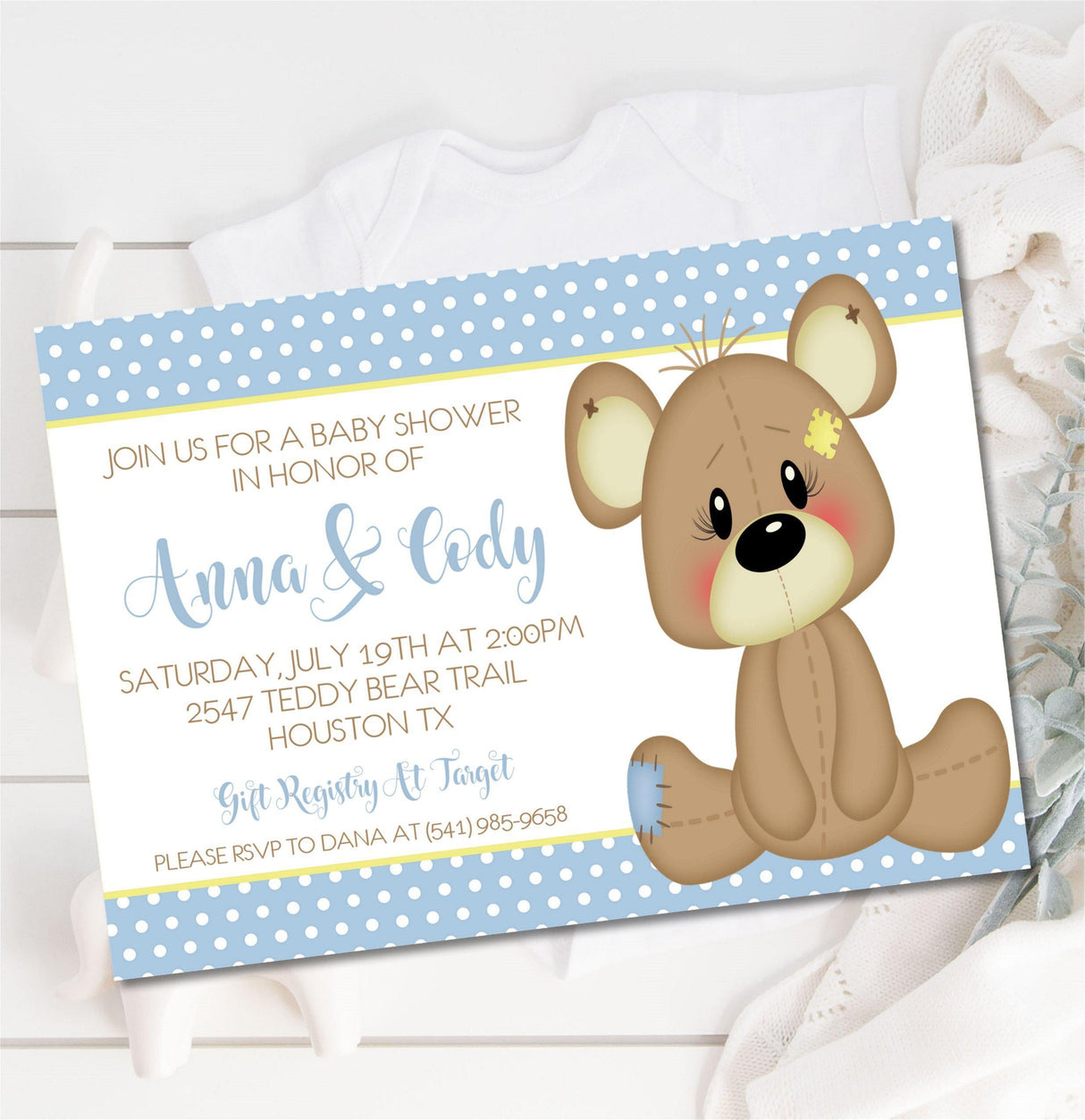 blue teddy bear baby shower invitations pastel boy theme