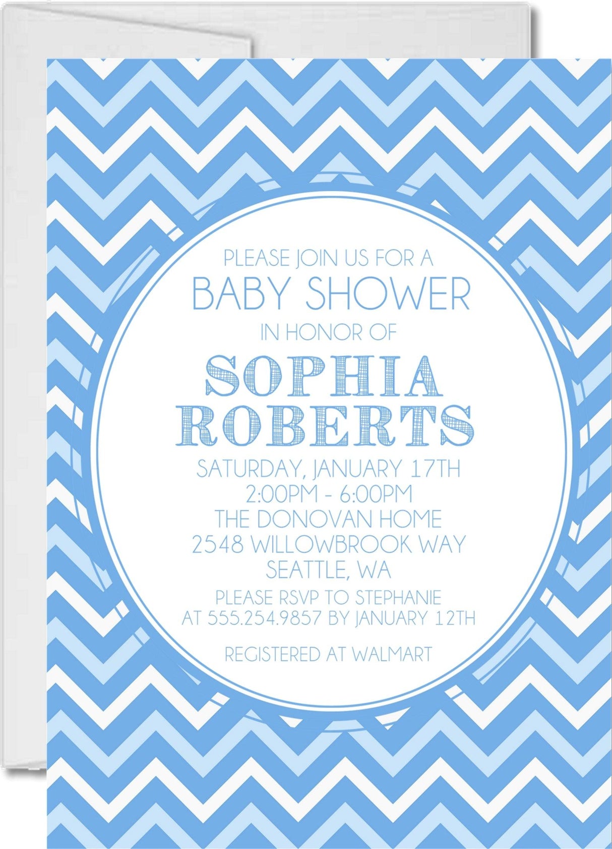 blue white chevron baby shower invitations modern theme