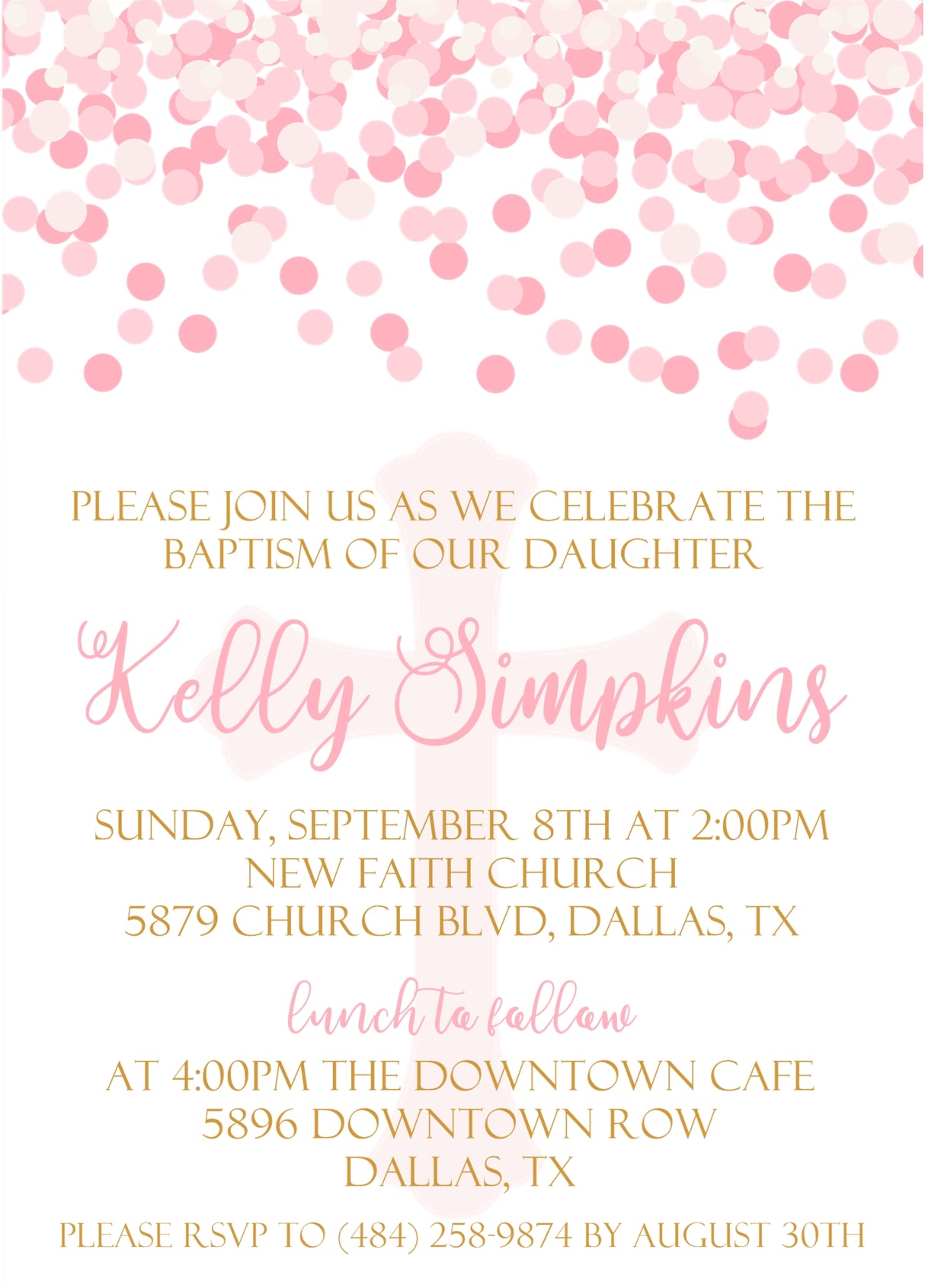 blush baptism christening communion invitations gold accent theme