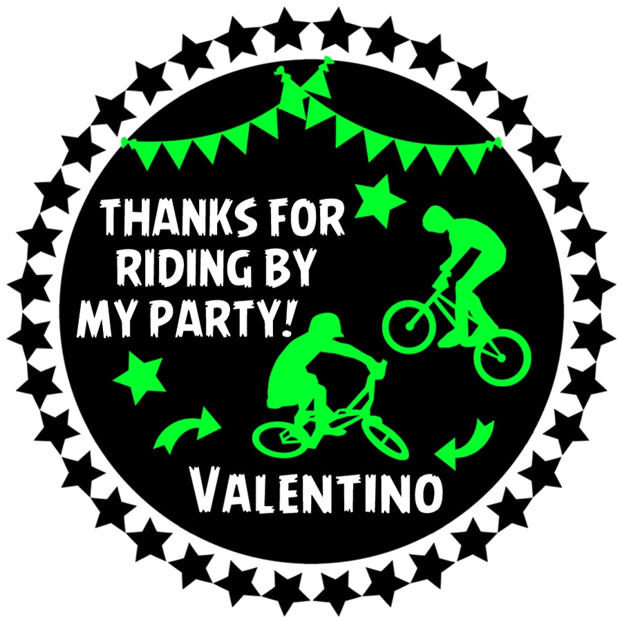 bmx birthday sticker with neon green rider silhouettes and star border