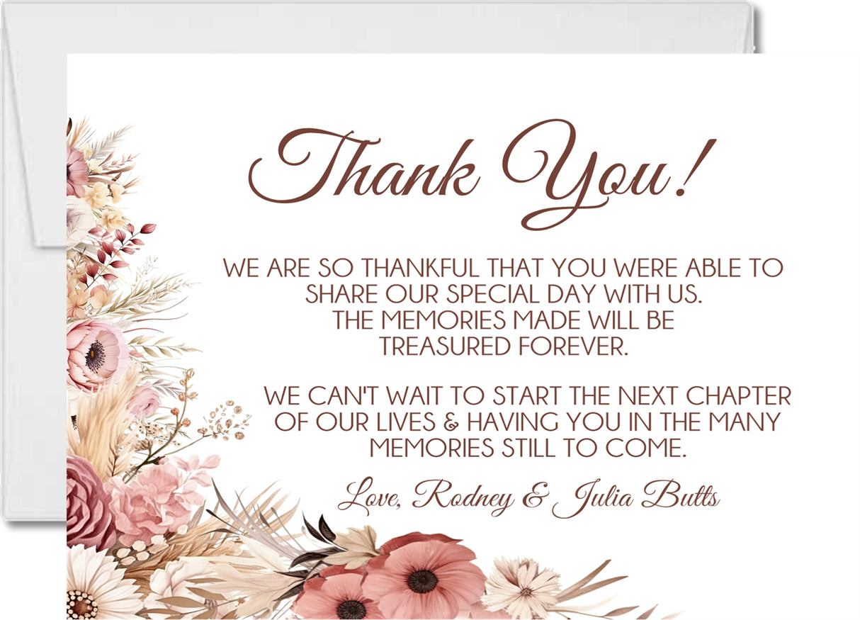 boho wedding thank you cards neutral floral pampas design